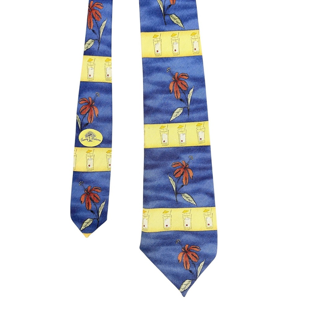 Tommy Bahama Mens Silk Tie Blue Floral Hibiscus Cocktail Glass Tropical Print‎